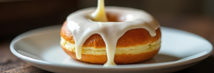 Delicious donuts covered with white glaze on a plate in warm natural light. the process of making donuts. USA Doughnut Day, Fat Thursday