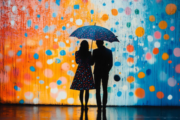 Silhouette of couple under umbrella against colorful polka dot wall backdrop in an art gallery © Abeetha Prasad