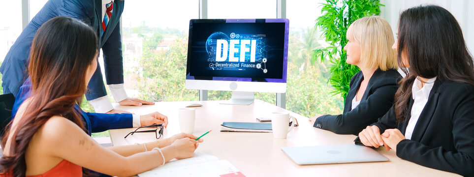 Decentralized finance or DeFi concept on modish computer screen . The defi system give new choice of investment and money saving .