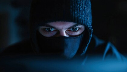 Person in dark clothing looking at computer