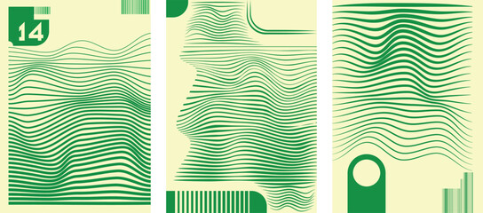 Abstract line wave gradient poster background vector set. Minimalist cover template with vibrant perspective line wave in motion. Ideal design for social media, cover, banner, flyer, music, ads.