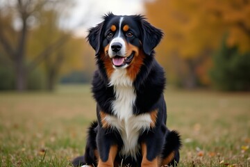 Noble Bernese Mountain Dog proudly poses in peaceful outdoor environment.