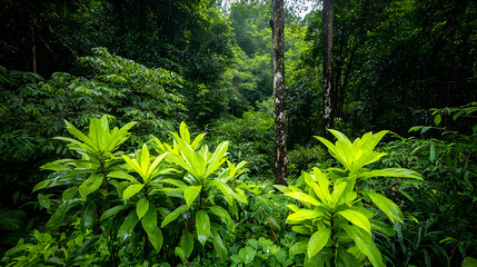 Fototapeta premium Sunlight Filters Through Lush Green Tropical Forest