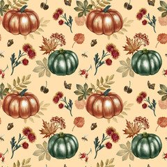 Seamless autumn pattern with pumpkins, leaves and flowers. Handmade watercolor illustration. On an orange background. For packaging, decor, textiles and wallpaper, for printing and wrapping paper.