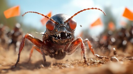Fototapeta premium A fierce-looking ant with prominent features and sharp teeth, captured in an action pose symbolizing determination and survival instincts in nature.