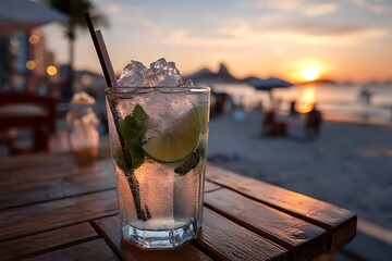 A glass containing a cold caipirinha with a straw rests on a wooden table in an Ipanema beach bar during sunset, isolated for a tropical vibe.