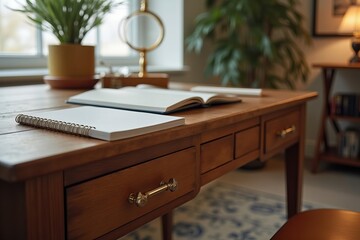 Close-up of a chic fold-down desk in a comfortable home office ambiance.
