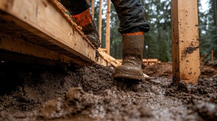 A close-up of a worker's boot stepping into muddy terrain at a construction site, symbolizing hard work, determination, and the challenges faced in building and development.