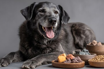 A happy dog lying on organic and delicious dry pet food, including supplements and chewable treats, promoting a healthy diet.
