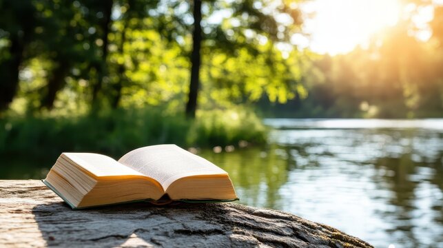An open book sits atop a log beside a radiant river, with soft sunlight filtering through trees, creating a magical atmosphere perfect for immersing in literature and nature's beauty.