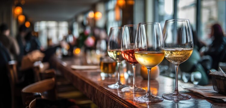 Wine glasses filled with various wines on a bar
