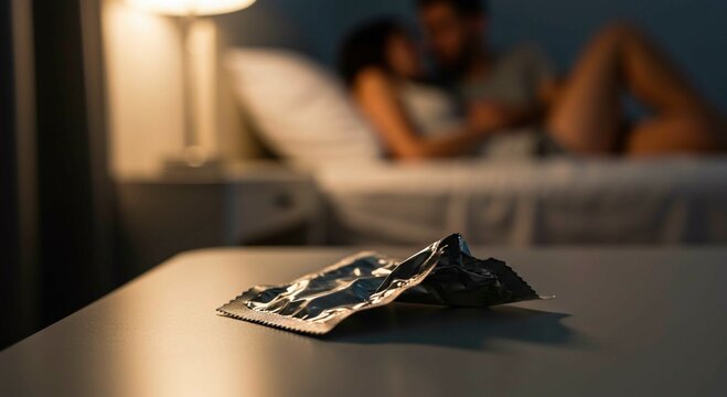 Used condom wrapper on nightstand with couple in bed and lamp in background in dim room lighting