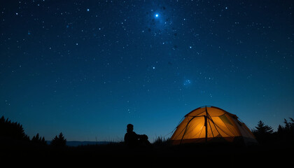Stargazing under the Tent: Witness the serenity of a lone camper immersed in the night sky, observing stars and constellations while staying near the tent, invoking a sense of wonder and tranquility.
