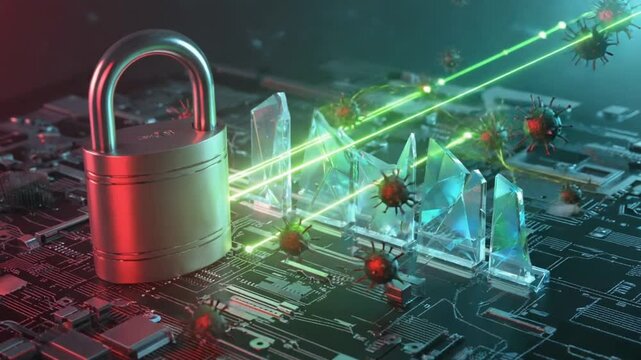 A futuristic padlock glowing red, circuit attack glitchy digital viruses. waves malware slam transparent firewall. triggers energy security countermeasures laser grids shields cinematic, dystopian