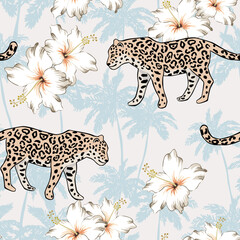 Tropical leopards, palm trees silhouettes, hibiscus flowers, pale background. Seamless pattern. Vector illustration. Exotic plants, animals. Summer beach design. Paradise nature