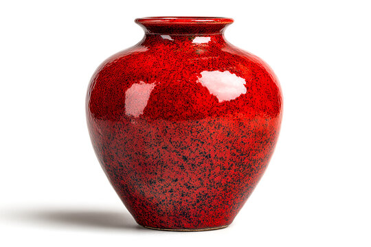 A striking red glazed ceramic vase with black speckling on a white background