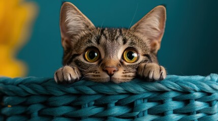 This image captures a playful tabby kitten peeking over the edge of a colored woven basket, highlighting its charming expression and the vibrant backdrop.
