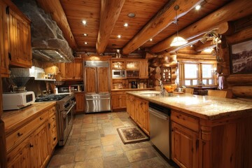 Rustic Log Cabin Kitchen: Bright Honey-Colored Cabinets and Modern Appliances in Northwest Estate Design