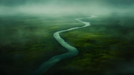 Misty river winding through landscape