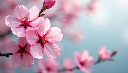 Delicate pink sakura blossoms, full bloom, soft petals , oriental, botany