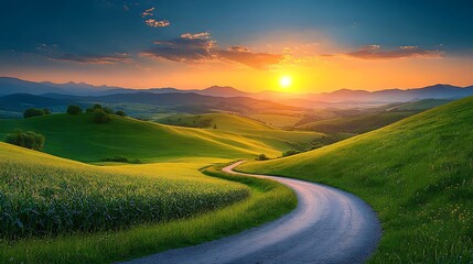Winding road through sunlit hills