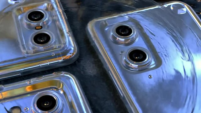 Close-up view of modern smartphones with polished metal finishes and dual cameras