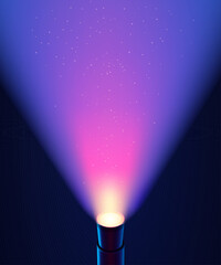 Purple bottom spotlight with soft pink and blue shades and dust in it on dark background, vector poster background