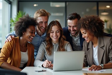 Collaborative Teamwork: Diverse Business Professionals Working Together and Sharing Laughs in a Modern Office Environment