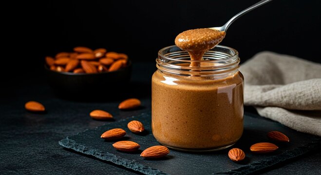 Almond butter dripping from a spoon into a jar surrounded by almonds on a dark slate surface