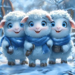 Obraz premium Three cute lamb in snow