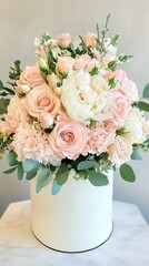 Pastel flowers in a white hatbox.