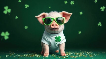 Niedliches Gl&uuml;cksschwein mit Sonnebrille vor gr&uuml;nem Hintergrund