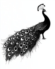 Elegant peacock illustration black and white drawing peacock feathers bird, art design wildlife animal.