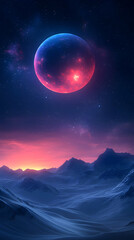 An alien planets fiery glow illuminates a snow-covered mountainous landscape under a starlit sky  A vibrant sunset pa