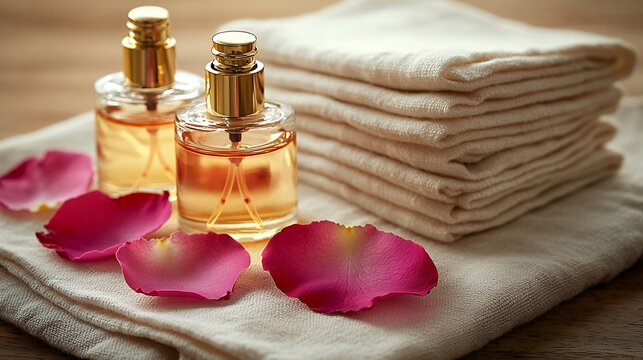 Luxury fragrance bottles with golden accents alongside delicate rose petals and fresh towels