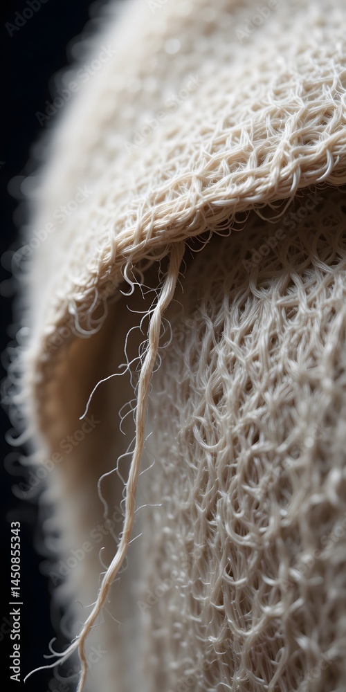 Poster extreme close-up reveals a single thread unraveling. a woven fabric's edge shows intricate detail. t