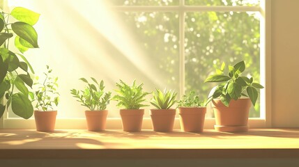 Fototapeta premium Sunlit plants in terracotta pots, windowsill.