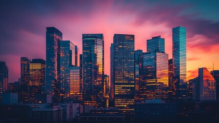 Fototapeta premium A vibrant cityscape panorama at sunset.