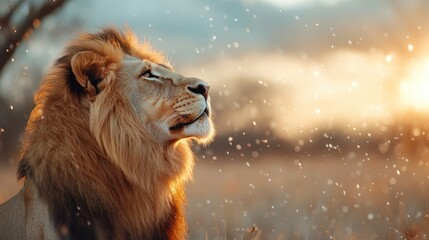 Naklejka premium A regal lion gazes upwards in a stunning snowy landscape as delicate snowflakes fall around it, encapsulating the beauty of wildlife in a serene winter dusk setting.