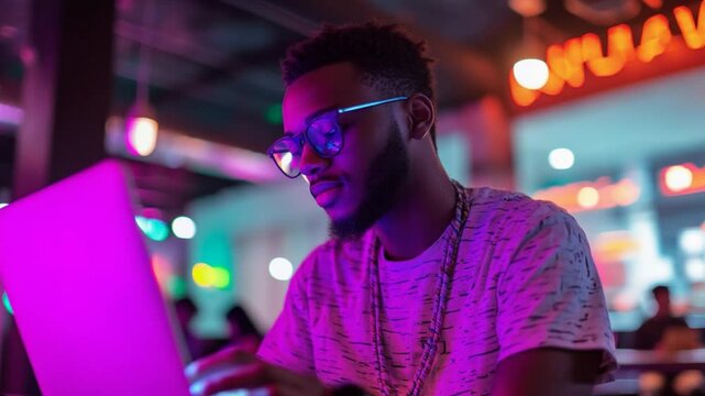 Young man working on a laptop in a vibrant caf&eacute; with colorful neon lights in the background