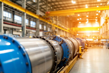 Fototapeta premium Industrial warehouse showcasing mechanical parts in a well-lit manufacturing space during daytime hours