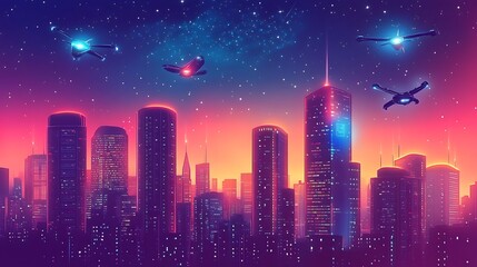 Neon cityscape at twilight with futuristic flying vehicles.