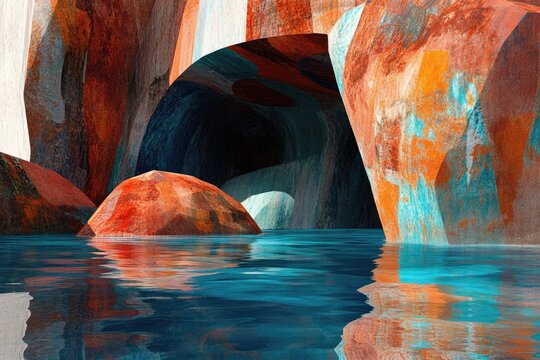Colorful cave reflections in water