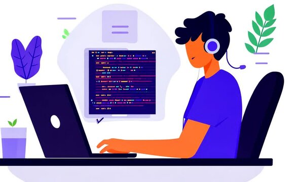 Young person coding on a laptop with colorful programming code displayed on a screen