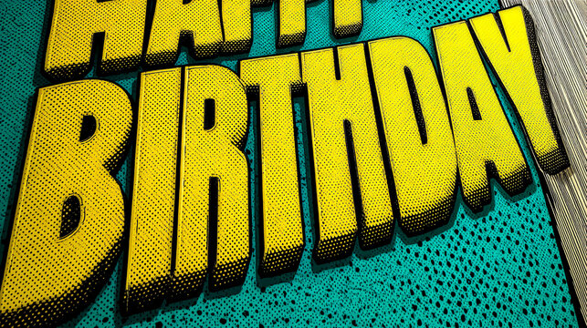 Close-up of yellow "Happy Birthday" lettering in comic book style on teal dotted background, showcasing a celebratory and playful design ideal for greeting cards or party invitations