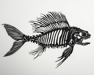 Explore skeletal fish art print black, white illustration aquatic life anatomy drawing decor design.