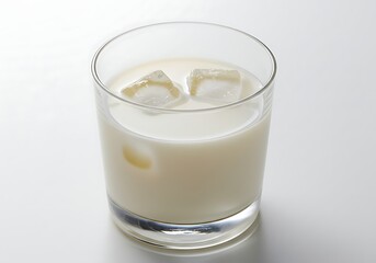 A refreshing drink in a clear glass with ice cubes on a white surface in a bright environment setting