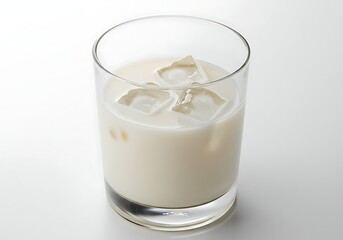 A clear glass filled with a white liquid and ice cubes sits on a white surface in a bright setting