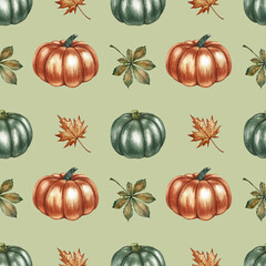 Seamless autumn pattern with pumpkins, leaves and flowers. Handmade watercolor illustration. On a colored background. For packaging, decoration, textiles and wallpaper, printing and wrapping paper.