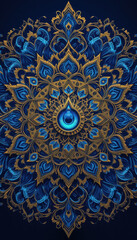 Intricate Round Design: Blue and Gold Ornamental Mandala